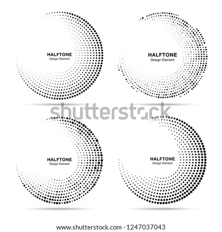 Halftone circular dotted frames set. Circle  dots isolated on the white background. Logo design element for technology, medical, treatment. Round border using halftone circle dots texture. 
