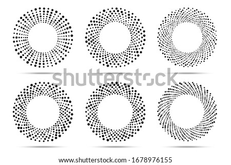 Halftone circular dotted frames set. Circle dots isolated on the white background. Logo design element for medical, treatment, cosmetic. Round border using halftone circle dots texture. 