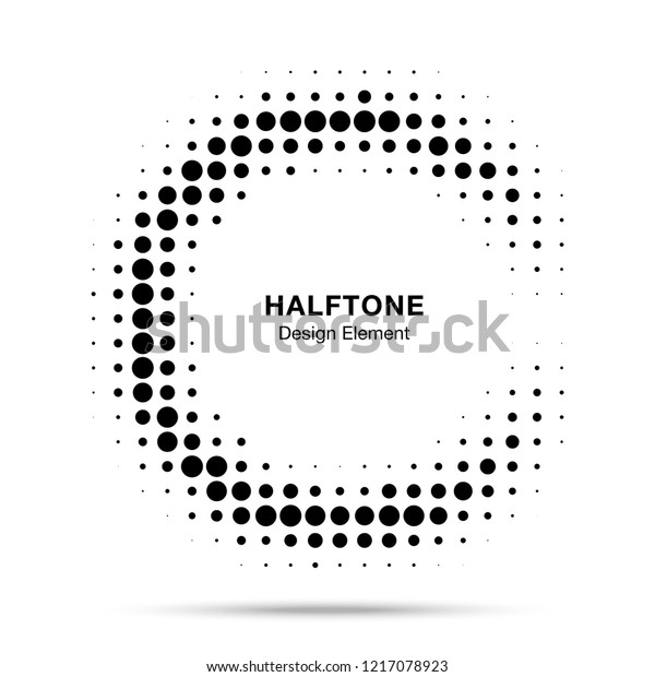 Halftone circular frame\
background. Circle border Icon using halftone circle dots raster\
texture. Half moon. Logo emblem design element for medical,\
treatment, cosmetic.\
