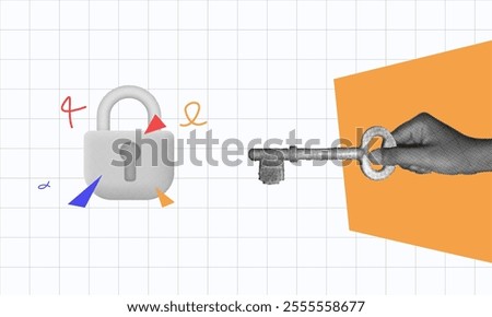 halftone collage, Creative concept design of cybersecurity or data access, hand holding key, and padlock . illustrating security, encryption, or unlocking potential