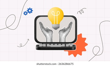 Halftone collage, Creative idea, hands raise a lightbulb from a laptop, innovation, digital creativity, and tech solutions