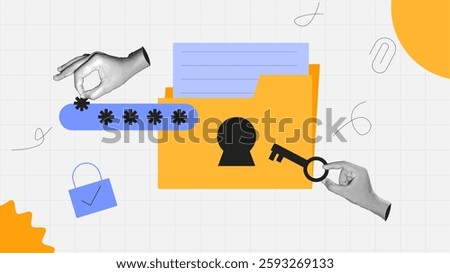 halftone collage, Cybersecurity concept with password protection, encryption, file and data security. online privacy, secure access, and digital safety strategies