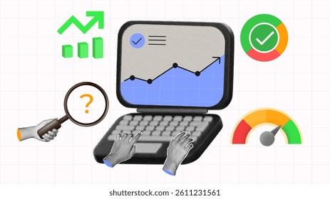 halftone collage, Data analytics showing laptop with charts, growth metrics, performance indicators, hand gesture and insights