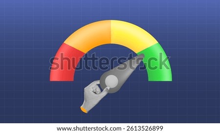 halftone collage, gauge, Performance optimization performance hand adjusting meter from red to green, credit score, efficiency, analytics, business metrics