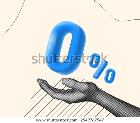 halftone collage, Graphic design featuring a hand holding a blue 0% symbol,  illustrating concepts related to zero interest, discounts, or risk-free offers