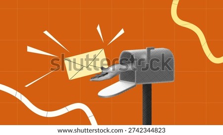 halftone collage, hand gesture from inside opened mail box, delivering envelope on orange background for email marketing, new, message delivery