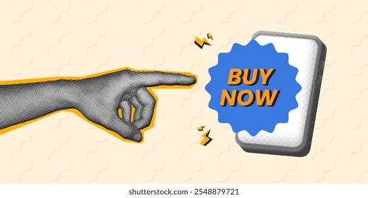 halftone collage hand pointing at a "Buy Now" button and smartphone. suit for boosting online sales and call-to-action campaigns. Enhance your e-commerce with this engaging and retro design - Powered by Shutterstock