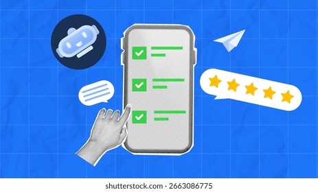halftone collage, Mobile phone interface with chatbot assist, checklist, hand gesture, and 5-star rating survey giving feedback