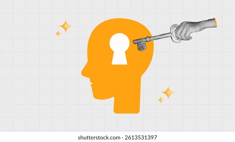 halftone collage, Unlocking knowledge and idea, hand inserting key into human head silhouette, ideas, innovation, mental growth, learning, and cognitive development