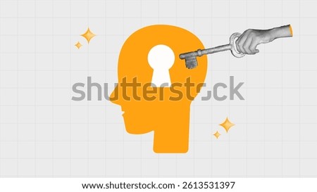 halftone collage, Unlocking knowledge and idea, hand inserting key into human head silhouette, ideas, innovation, mental growth, learning, and cognitive development