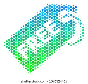 Halftone dot Free Tag pictogram. Icon in green and blue color tones on a white background. Raster collage of free tag icon composed of circle elements.