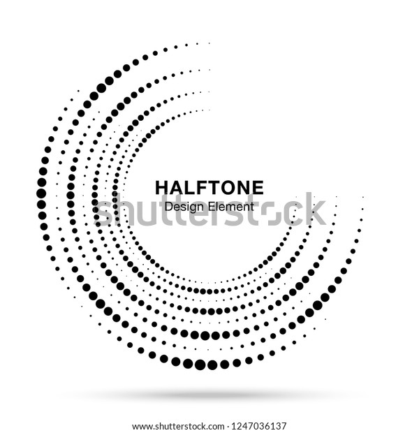 Halftone\
incomplete circle frame dots logo isolated on white background.\
Circular part design element for treatment, technology. Half round\
border Icon using halftone circle dots\
texture.