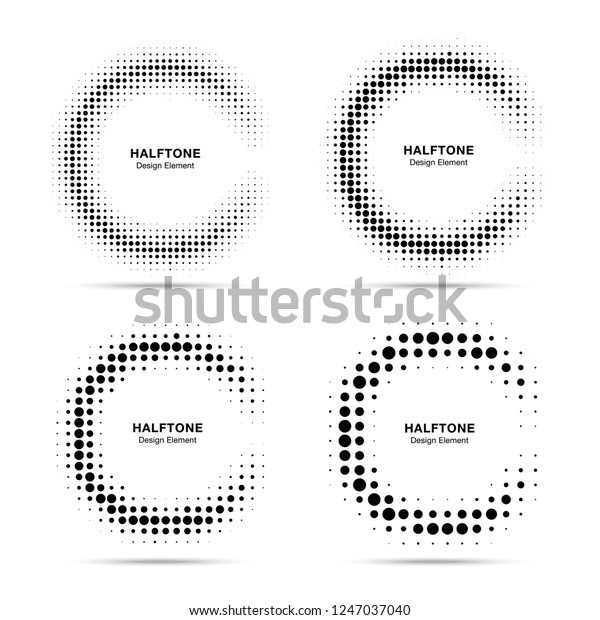 Halftone\
incomplete circle frame dots logo set isolated on white background.\
Circular part design element for treatment, technology. Half round\
border Icon using halftone circle dots texture.\
