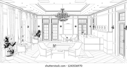 hall, hotel lobby, contour visualization, 3D illustration, sketch, outline