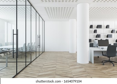 Hall Of Modern Open Space Office With White Walls, Wooden Floor, Rows Of White Computer Tables And Glass Wall Meeting Room. 3d Rendering