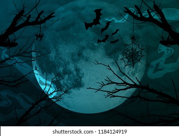 Halloween Background. Full Moon And Flying Bats