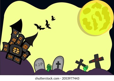 Halloween Background Include Bat Fly From Castle To Yellow Moon Over Cemetary Or Tombstone Graveyard And Spooky Ghost Hand Out Of Ground,template