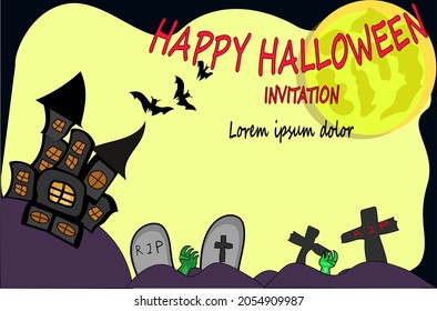 Halloween Background Include Bat Fly From Castle To Yellow Moon Over Cemetary Or Tombstone Graveyard And Spooky Ghost Hand Out Of Ground,template