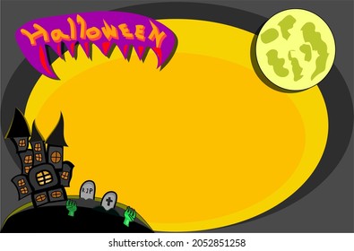 Halloween Background Include Spooky Castle And Yellow Moon Over Cemetary Or Tombstone Graveyard And Ghost Hand From Ground ,blank Template