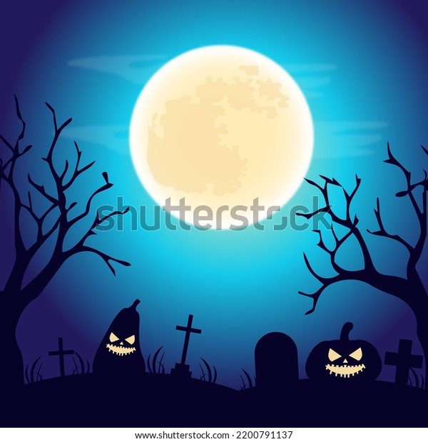 Halloween\
background with moon and pumpkin. Full\
moon