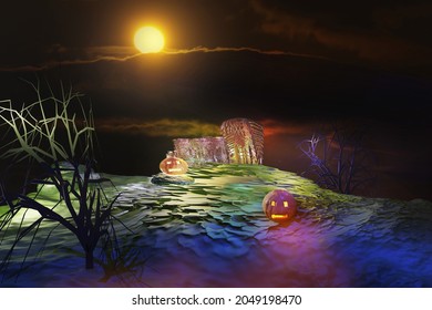 Halloween background with old ruined castle in the night. 3D render illustration.