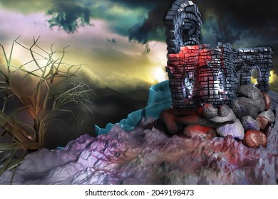 Halloween background with old ruined castle in the night. 3D render illustration.