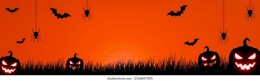 Halloween background for party invitation. orange halloween banner or background with cutest pumpkins spider and bats. Silhouette image on the theme of Halloween, grass and spiders. 3D Rendering - Powered by Shutterstock