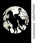 Halloween background with a silhouette of headless horseman, vector illustration