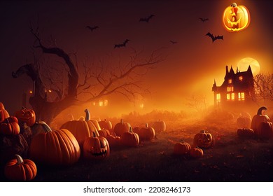 halloween background with spooky pumpkin jack-o-lanterns at night - Powered by Shutterstock