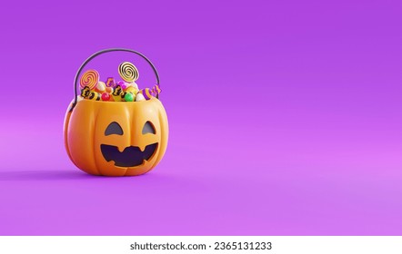 Halloween Background template With Halloween Pumpkin Bucket and Candy.Website banner in 3D style for poster or greeting card.3d render illustration - Powered by Shutterstock