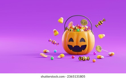 Halloween Background template With Halloween Pumpkin Bucket and Candy.Website banner in 3D style for poster or greeting card.3d render illustration - Powered by Shutterstock