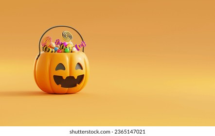 Halloween Background template With Halloween Pumpkin Bucket and Candy.Website banner in 3D style for poster or greeting card.3d render illustration - Powered by Shutterstock