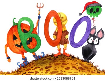 Halloween background. Watercolor inscription Boo with Jack-o'-lantern, scarecrow, voodoo doll, skull balloon and bat. - Powered by Shutterstock