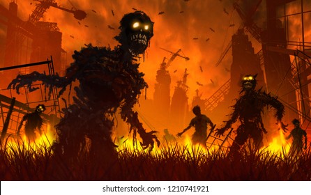 Halloween background.zombie crowd walking in the burnt cemetery with burning sky. Apocalyptic landscape. for Halloween concept, digital art style, illustration painting.