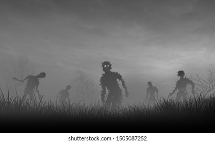 Halloween background.zombie crowd walking at night,for Halloween concept,illustration painting And design.