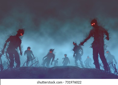 Halloween background.zombie crowd walking at night,for halloween concept,illustration painting And design. - Shutterstock ID 731976022