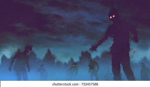 Halloween background.zombie crowd walking at night,for halloween concept,illustration painting And design.