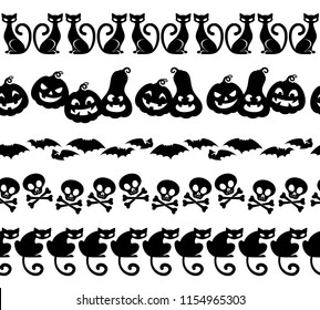 Halloween black icons seamless borders set. Pumpkin, black cats, bat, skull - good for holiday design