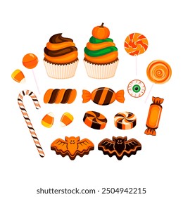 Halloween candy, cupcake, sweets icon set. Halloween cupcake, candy, lollipop, bat, eyeball icon set isolated on a white background. Different types of candies drawing - Powered by Shutterstock