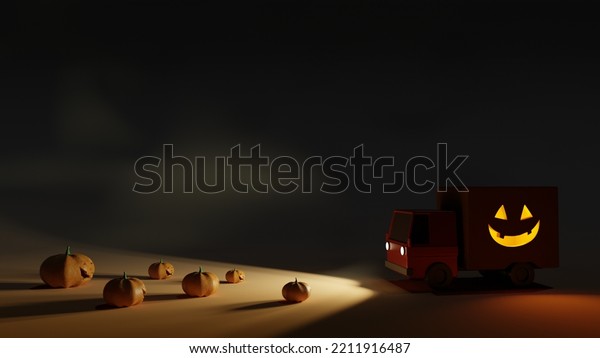Halloween car delivering pumpkin against\
night scary background. 3D\
Illustration