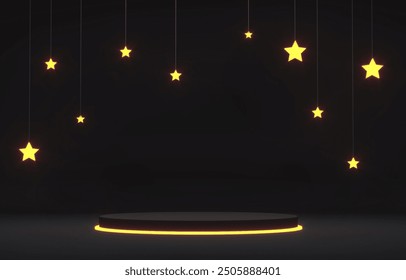 Halloween card. Black podium with luminous stars illumination. Neon orange glow. Empty space for goods, text, smartphone. Sale, holiday discounts. New year 2025, christmas. 3d render illustration - Powered by Shutterstock