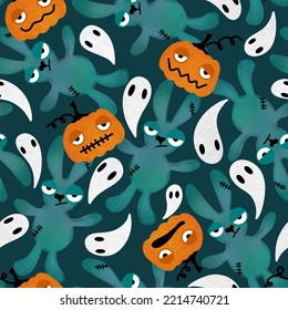 Halloween cartoon evil rabbit seamless toys face pumpkins doodle pattern for wrapping paper   fabrics   linens   packaging   gifts box   kids clothes print 