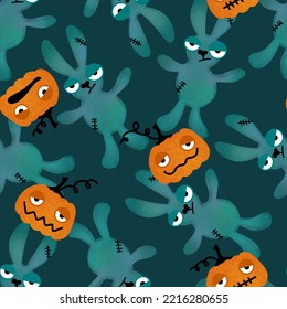 Halloween cartoon evil rabbit seamless toys face pumpkins doodle pattern for wrapping paper   fabrics   linens   packaging   gifts box   kids clothes print 