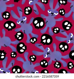 Halloween cartoon evil rabbit seamless toys doodle   skulls pattern for wrapping paper   fabrics   linens   packaging   gifts box   kids clothes print 