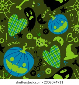 Halloween cartoon pumpkins seamless ghost   moon   bats   spider   witch hat pattern for wrapping paper   fabrics   linens   kids clothes print   festive packaging 