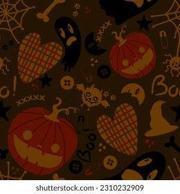Halloween cartoon pumpkins seamless ghost   moon   bats   spider   witch hat pattern for wrapping paper   fabrics   linens   kids clothes print   festive packaging 