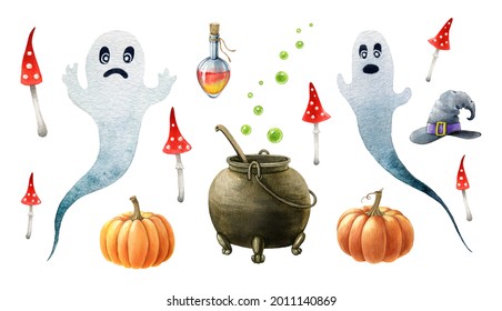 Halloween Cartoon Set. Hand Drawn Watercolor Spooky Funny Elements. Halloween Funny Ghost, Pumpkin, Witch Kettle, Potion Objects. Creepy Scary Symbol Template On White Background