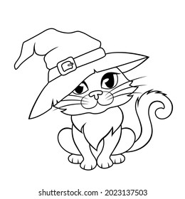 Halloween Cat In A Witch Hat. Black And White Illustration For Coloring Book