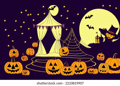 Halloween Circus With Tent, Witch And Scary Pumpkins