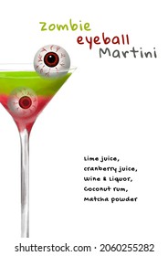 Halloween Cocktail Card, Scary Cocktail With Eyes, Green Liquid, Martini In A Glass, Eyeball, Blood, Horrible Drink